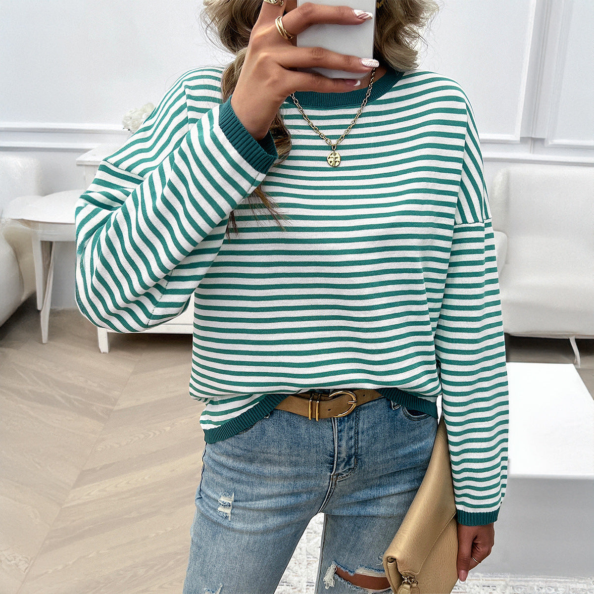 Casual Crew Neck Striped Sweatshirts Wholesale Womens Clothing N3824062400017