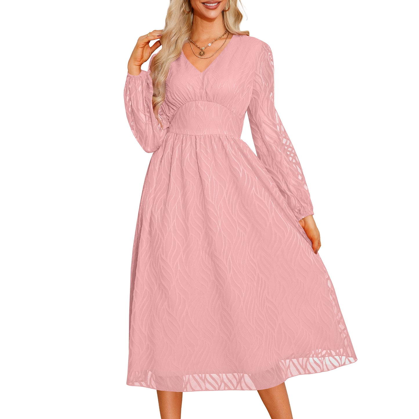 Vintage V-neck Jacquard Dress Long Sleeve Hem A-line Dresses Wholesale Womens Clothing N3824091200186