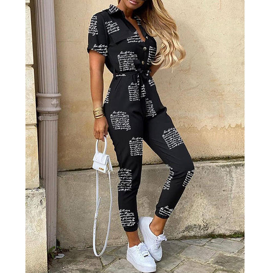 Casual Lapel Buckle Printed Belt Workwear Jumpsuit Wholesale Jumpsuits