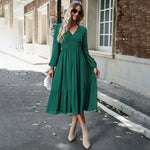 Elegant Solid Color V-Neck Bubble Sleeve Long Dress Wholesale Dresses