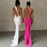 Backless One Shoulder Solid Color Irregular Evening Dress Wholesale Dresses