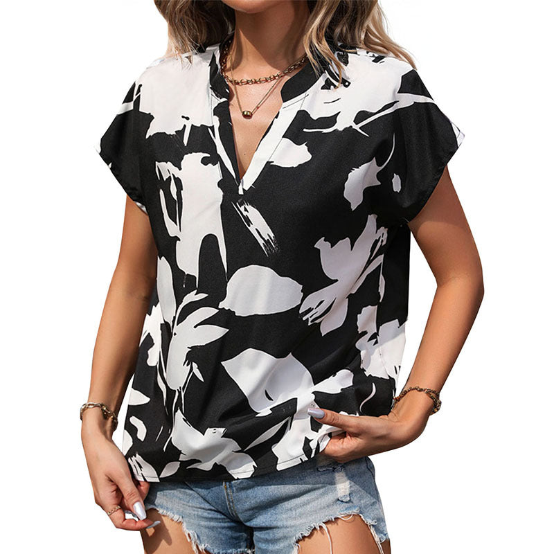 Contrast Black and White V-Neck Shirts Wholesale Womens Clothing N3824040700310