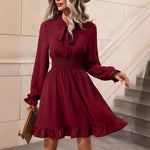 Waisted Solid Color Bow Tie Long Sleeve Dresses Wholesale Womens Clothing N3824052000051