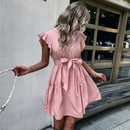 Casual Solid Color Ruffle Fly Sleeve Round Neck Dress Wholesale Dresses