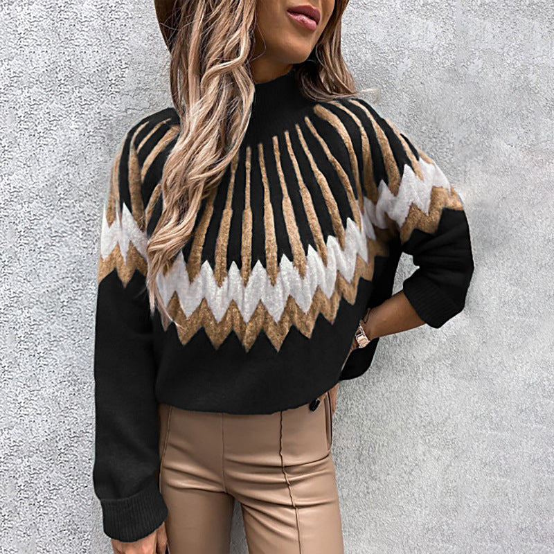 Knit Print Turtleneck Pullover Long Sleeve Sweater Wholesale Women'S Top