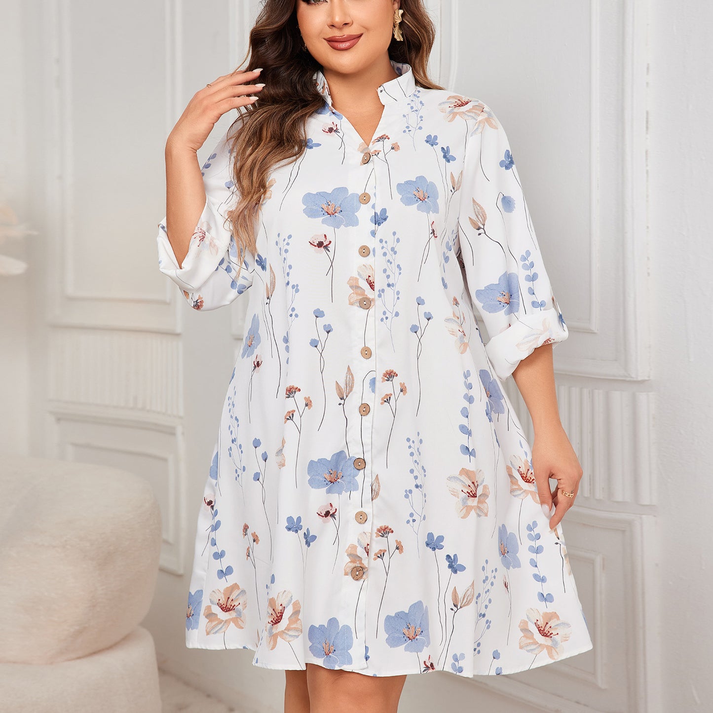 White Printed Dress Loose Plus Size Midi Dresses Wholesale Womens Clothing N3824091200163