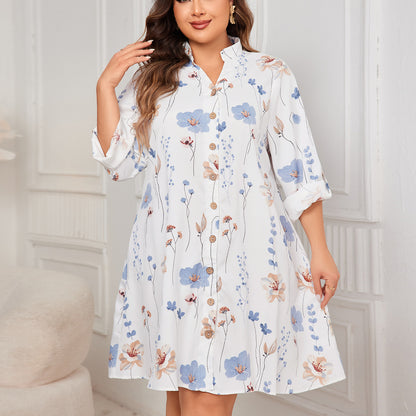 White Printed Dress Loose Plus Size Midi Dresses Wholesale Womens Clothing N3824091200163