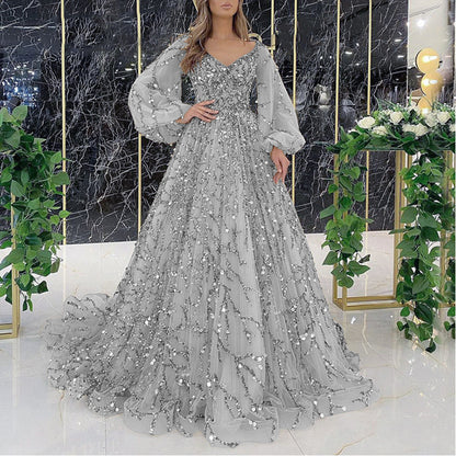 Beaded Evening Gown Puff Sleeve Maxi Dresses Wholesale Womens Clothing N3823111600011