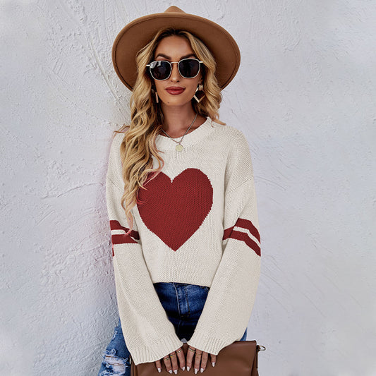 Loose Round Neck Heart Print Long Sleeve Knit Sweater Wholesale Womens Tops