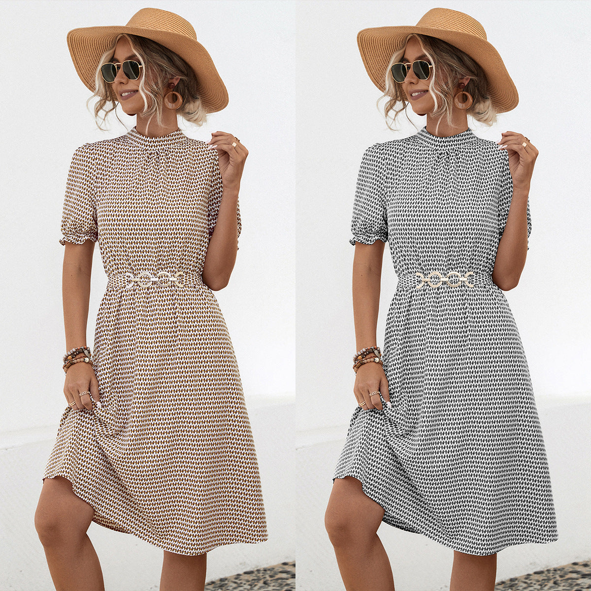 Metal Buckle Belt Printed Dresses Wholesale Womens Clothing N3824050700090