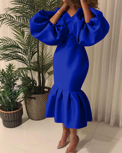 Fashion Solid Color V-Neck Bubble Long Sleeve Fishtail Dress Wholesale Dresses