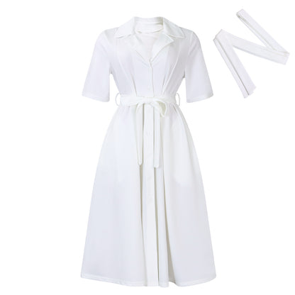 Short Sleeve Suit Collar Tie Solid Color Plus Size Dresses With Belt Wholesale Womens Clothing N3824080500017