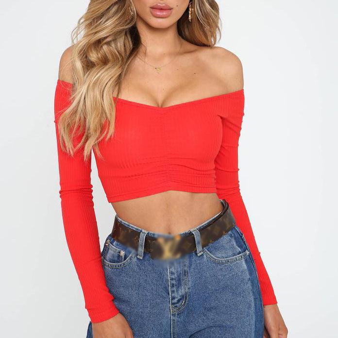 Sexy Navel Short Section Slim One Shoulder Long-Sleeved T-Shirt Wholesale Womens Tops