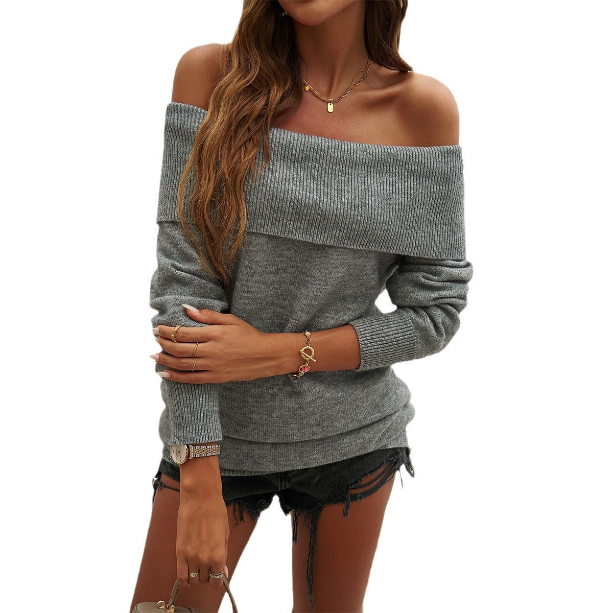 Casual Solid Color Pullover Sweater Off-Shoulder Tops Wholesale Womens Clothing N3824071500014