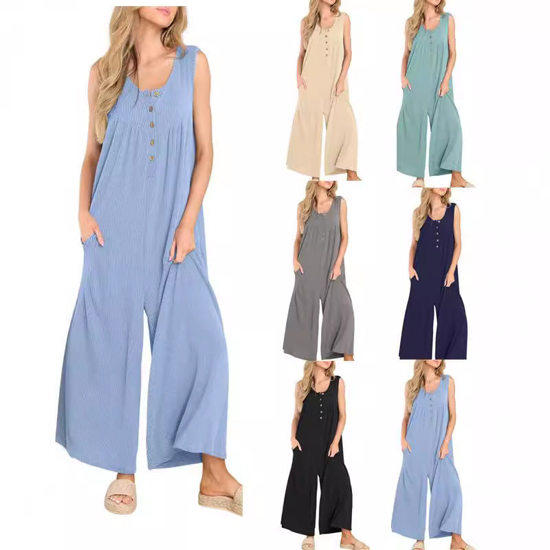 Solid Color Sleeveless Pocket Jumpsuit Wholesale Womens Clothing N3824040700330