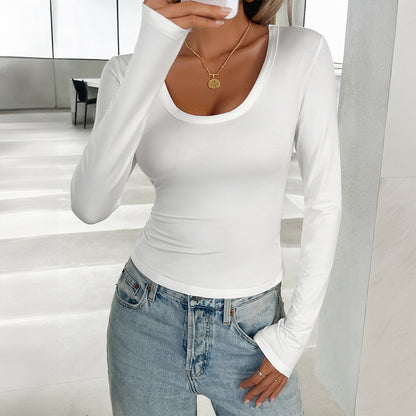 Slim Fit Solid Color U-Neck Long Sleeve T-Shirts Wholesale Womens Clothing N3824070500001