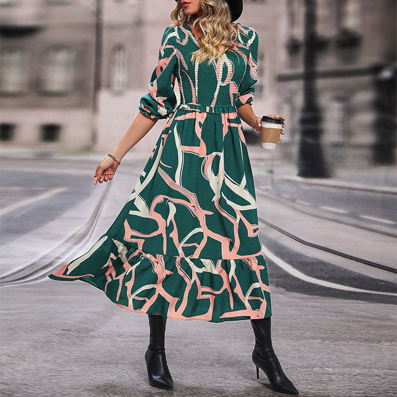 V-Neck Printed Dresses Long Sleeve Wholesale Womens Clothing N3824090300004