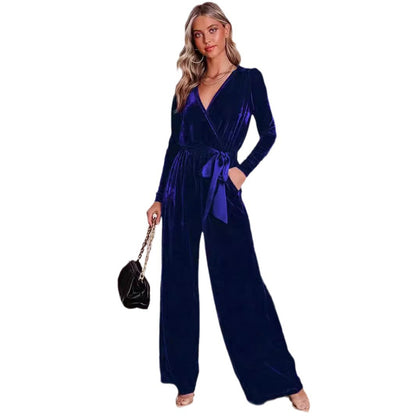 Solid Velvet Long Sleeve Jumpsuit V Neck Elegant Straight Trousers Wholesale Womens Clothing N3824091200193