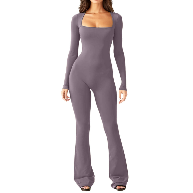 Long Sleeve Waist Square Neck Wide Leg Jumpsuit Wholesale Womens Clothing N3823112200024
