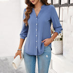 Button V-Neck Solid Color Long Sleeve Shirt Wholesale Womens Clothing N3824022600010