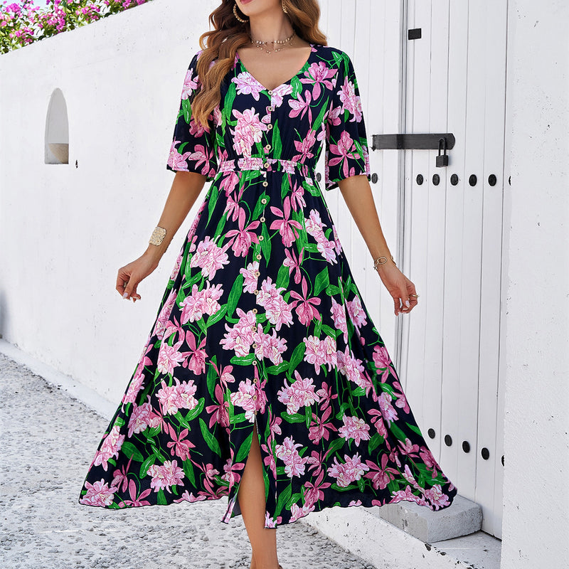 Spring and Summer Casual Printed Slit Resort Dresses Wholesale Womens Clothing N3824040100120