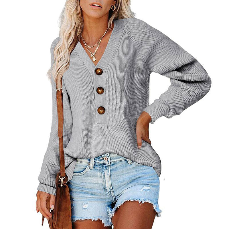 Casual Long Sleeve Knit V-Neck Button Down Sweater Wholesale Womens Tops