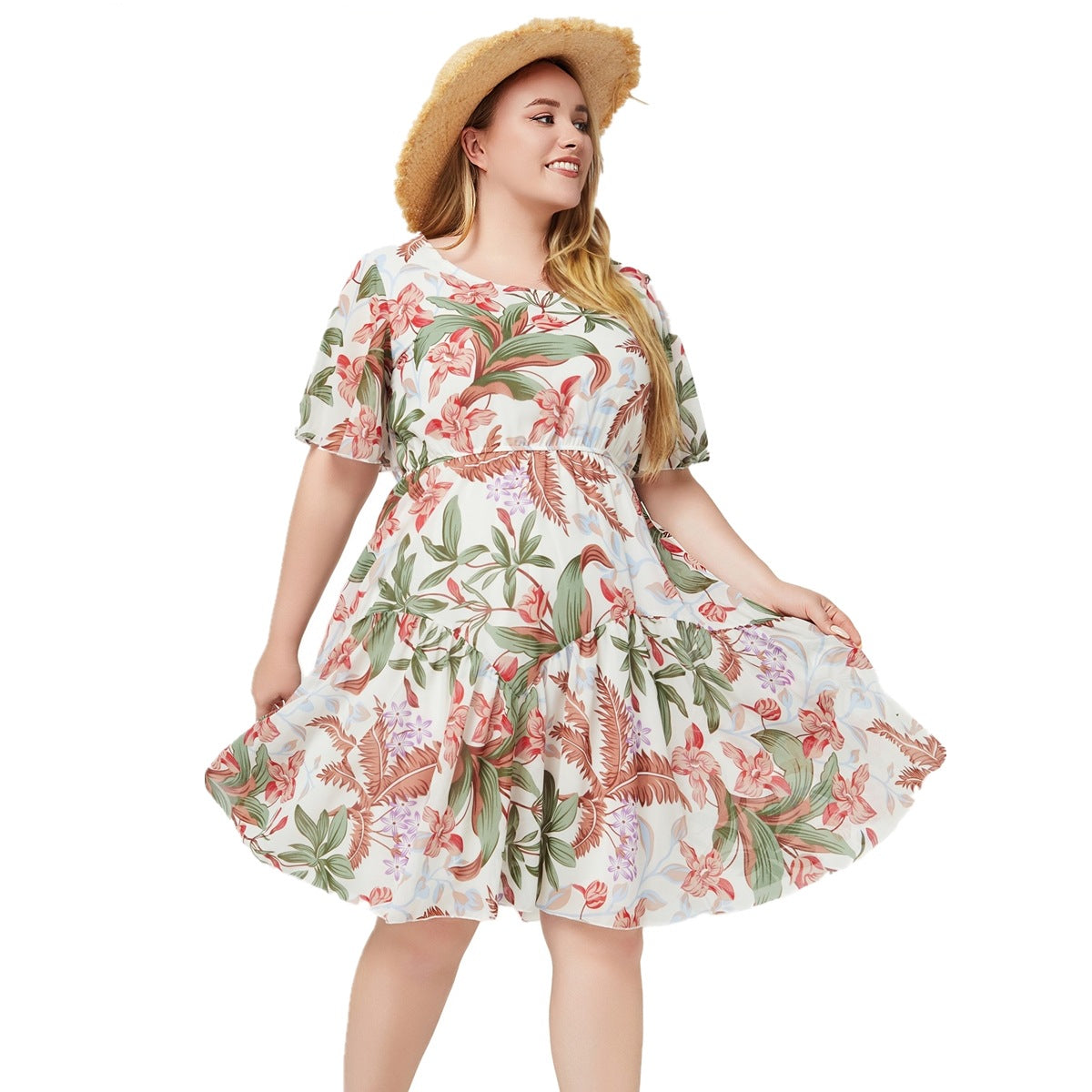 Plus Size Round Neck Short Sleeve Printed Midi Dresses Wholesale Womens Clothing N3824080300034