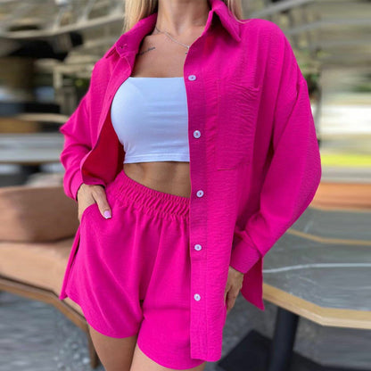 Women's Long Sleeve Cardigan Shirt Solid Color Shorts Two Piece Set Wholesale Womens Clothing N3823120800033