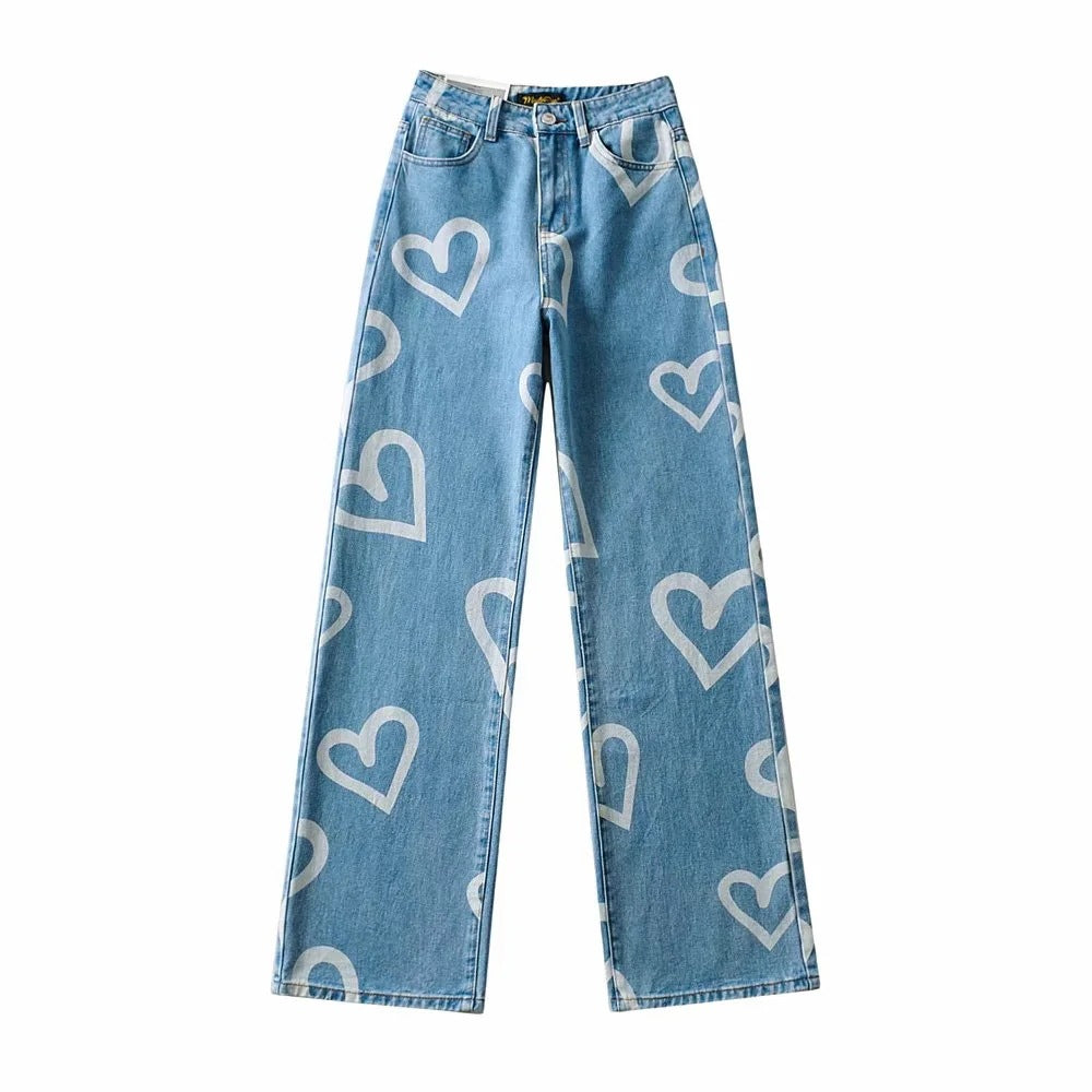 Heart-Print Wide-Leg Loose-Fit Straight-Leg High-Rise Jeans Wholesale Women'S Bottom