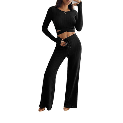 Slightly Bootcut Casual Trousers And Slim-Fitting Belly-Baring Tops 2-Piece Set Wholesale Womens Clothing N3824120600014