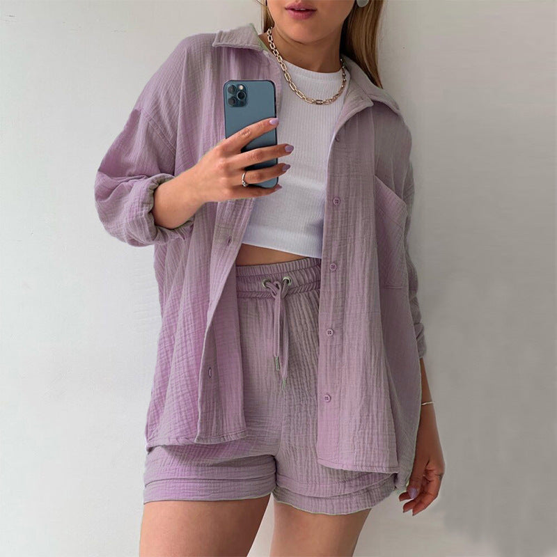 Women's Two-Piece Sets Lapel Shirt High-Waisted Drawstring Shorts Wholesale Womens Clothing N3823100900069