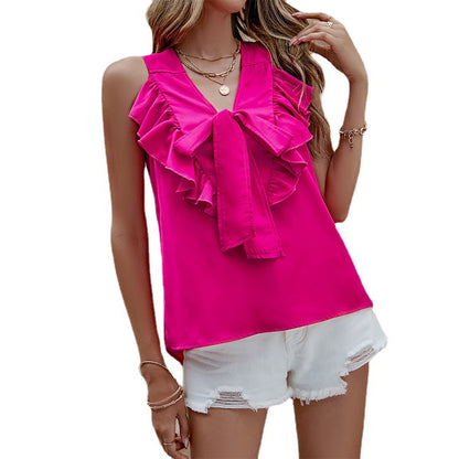 V Neck Tie Ruffle Sleeveless Slim Fit Tank Tops Wholesale Women'S Top