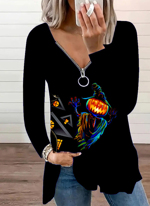 Wholesale Plus Size Clothing Stylish V-Neck Zipper Skull Print Long Sleeve Top