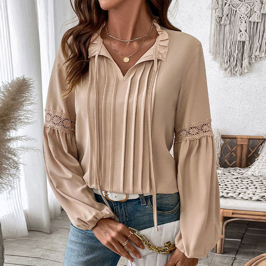 Lace-Up V-Neck Solid Color Pleated Shirts Wholesale Womens Clothing N3824112000014