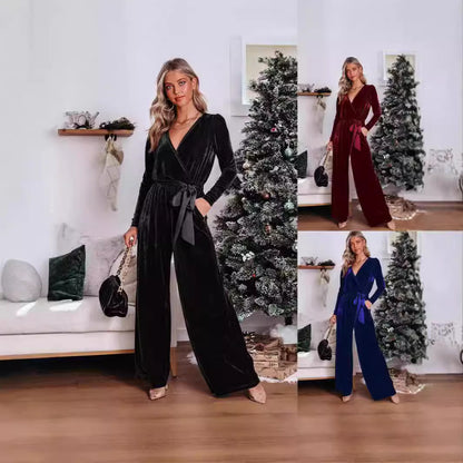 Solid Velvet Long Sleeve Jumpsuit V Neck Elegant Straight Trousers Wholesale Womens Clothing N3824091200193