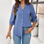 Button V-Neck Solid Color Long Sleeve Shirt Wholesale Womens Clothing N3824022600010