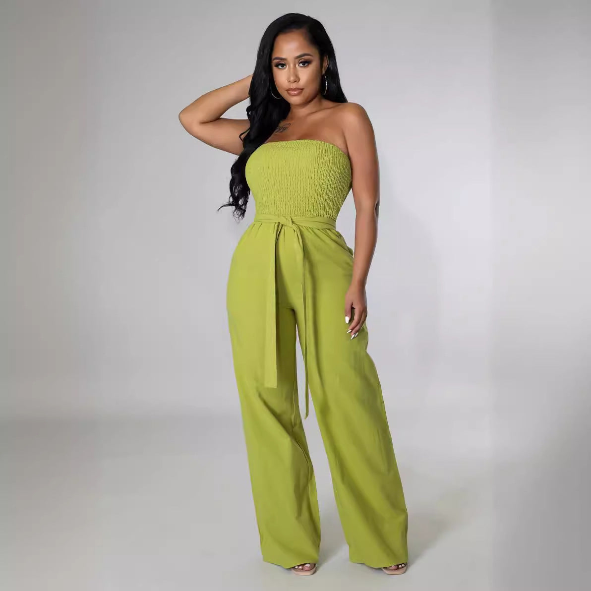 Off-Shoulder Smocked Solid Color High Waist Jumpsuit Wholesale Womens Clothing N3824071000022