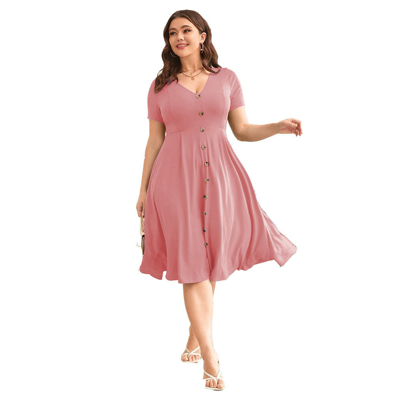 Wholesale Plus Size Clothing V-Neck Waistline Hem Short-Sleeved Dress