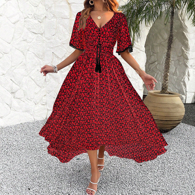 V-Neck High Waist Elegant Printed Dresses Wholesale Womens Clothing N3824062100005