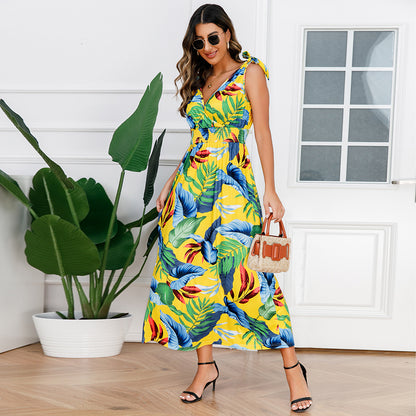 Printed V-Neck Beach Maxi Dresses Wholesale Womens Clothing N3824062100019