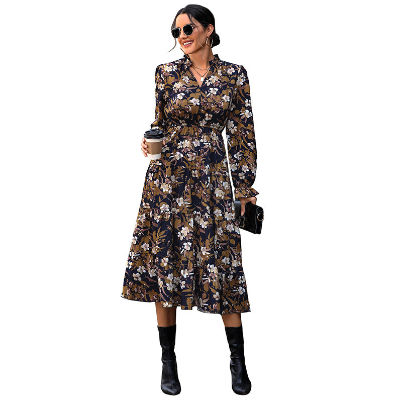 Floral Lapel Long Sleeve Midi Dresses Wholesale Womens Clothing N3824070500035