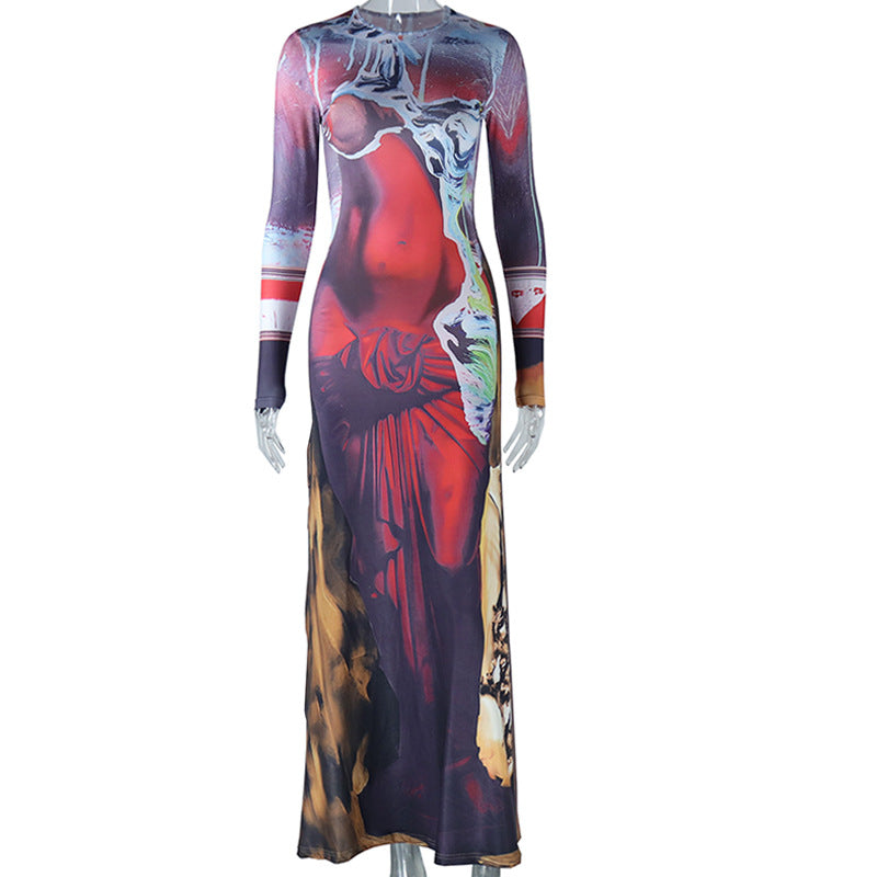 Fashionable Round Neck Dress Printed Long Sleeve Maxi Dresses Wholesale Womens Clothing N3823111100002