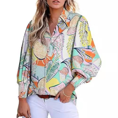 Long-Sleeved Printed Blouses With Lapel And Lantern Sleeves Wholesale Womens Tops N3824091200175