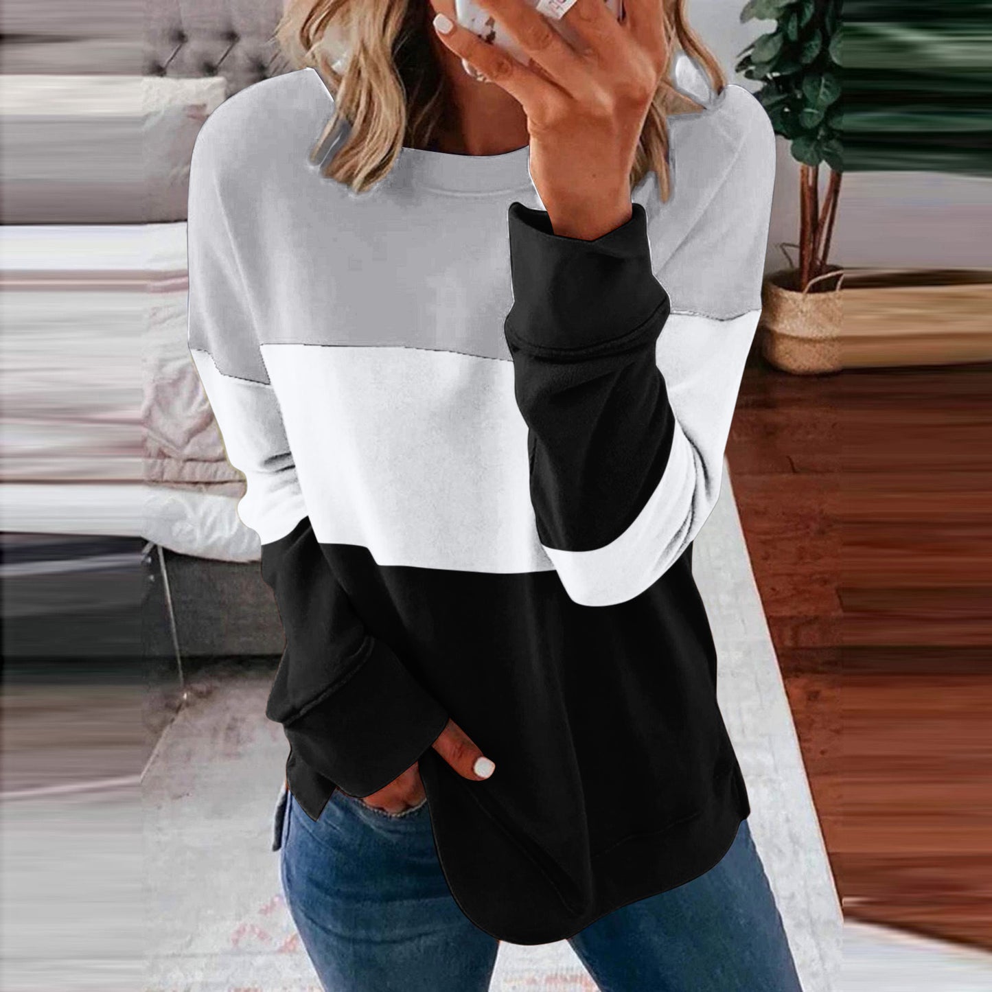 Patchwork Clash Top Drop Shoulder Long Sleeve Casual Pullover Sweatshirt Wholesale Womens Tops N3824091200004