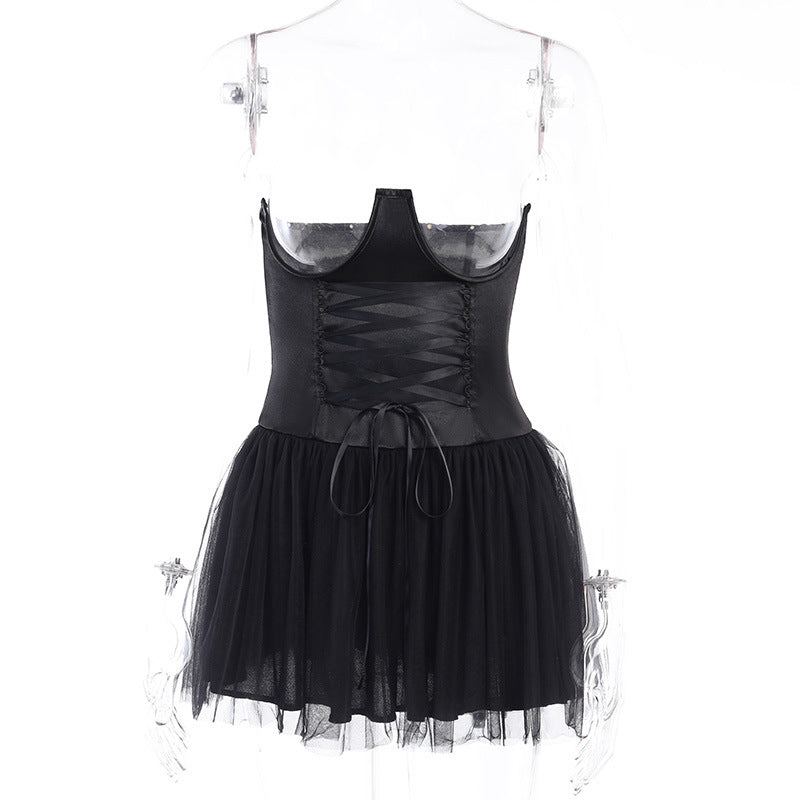 Dark Punk Gothic Strappy Belted Mesh Splicing Skirt Wholesale Women'S Bottom