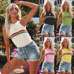 Fashion Rainbow Color Blocking Backless Knitted Hanging Neck Top Wholesale Womens Tops