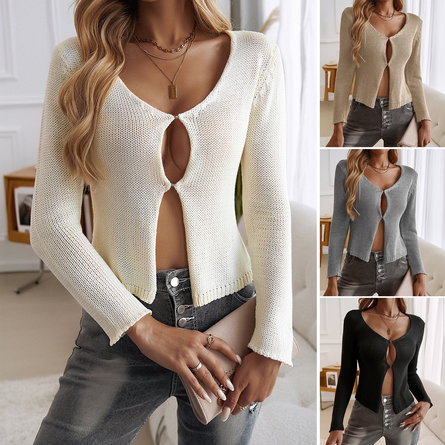 Sexy Hollow Cardigan Long Sleeve Sweater Wholesale Womens Clothing N3824082600041