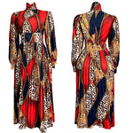 Long Sleeve High Waist Pleated Printed Dress Wholesale Womens Clothing N3823101700018