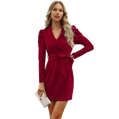 Elegant Long Sleeve V Neck Tie Waist Short Package Hip Dresses Wholesale Dresses