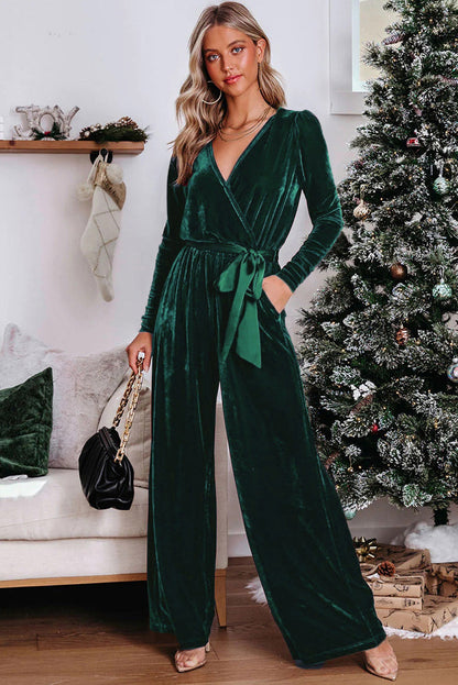 Solid Velvet Long Sleeve Jumpsuit V Neck Elegant Straight Trousers Wholesale Womens Clothing N3824091200193